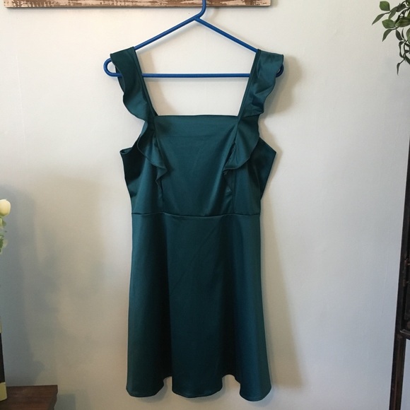 The Vanity Room Satin Party Dress Blue Mini Short Ruffles Large Silky Flare - Picture 2 of 5